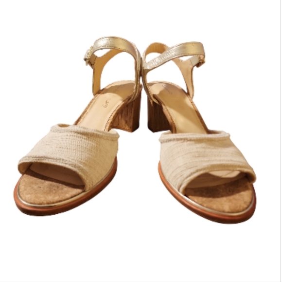 Clarks Ellis Clara metallic combo block heel sandals size 9 cork linen Coquette - Picture 5 of 10